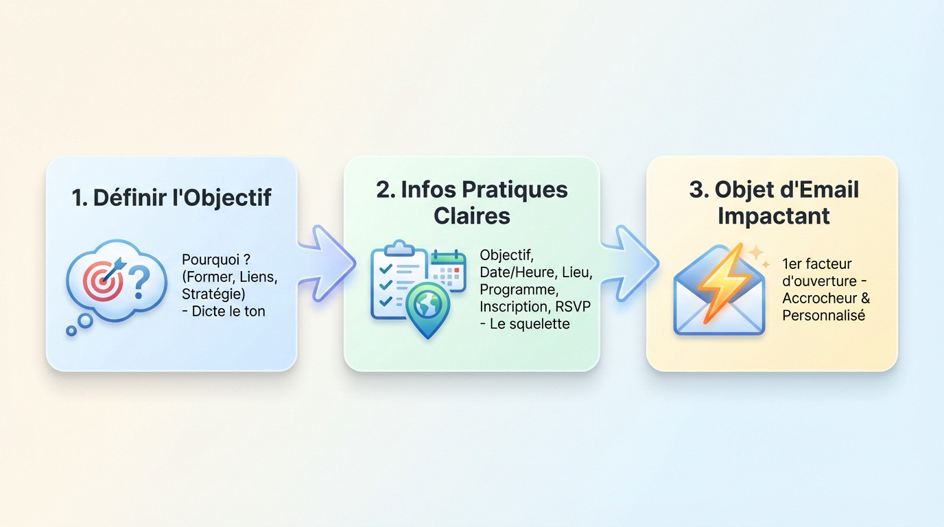 Infographie résumant les 3 étapes clés pour créer une invitation de séminaire efficace
