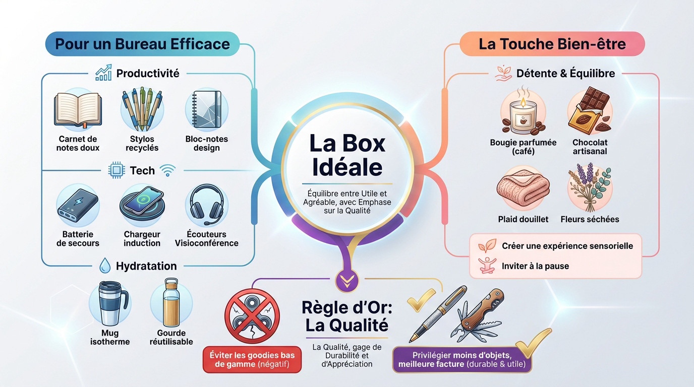 Composition équilibrée d'une box cadeau télétravail avec objets utiles et bien-être