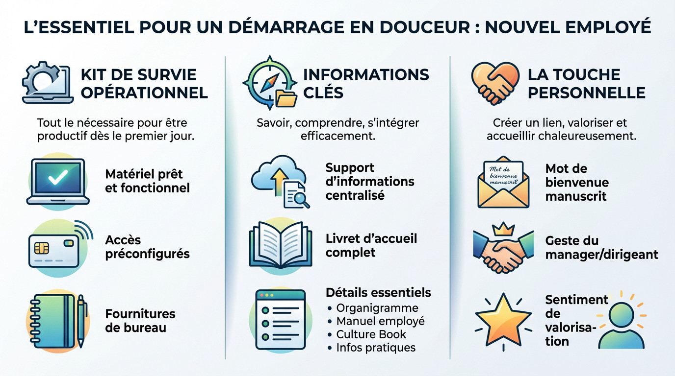 Kit de bienvenue complet pour l'intégration d'un nouveau salarié avec ordinateur et fournitures