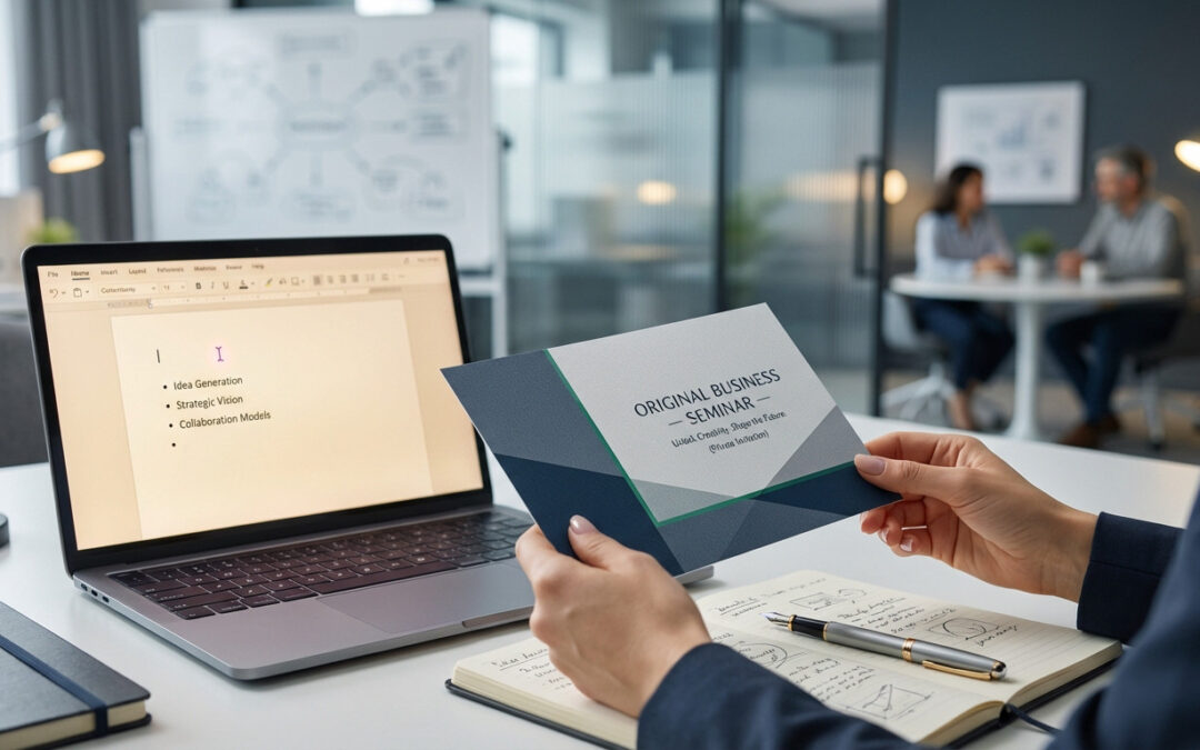 Hands hold a stylish business seminar invitation. A laptop shows planning topics, with a pen on a notebook. Modern office setting.