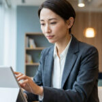 Comment refuser poliment une invitation à un événement professionnel A professional woman in a gray blazer uses a modern tablet in a bright, blurred office, conveying thoughtful and polite communication.