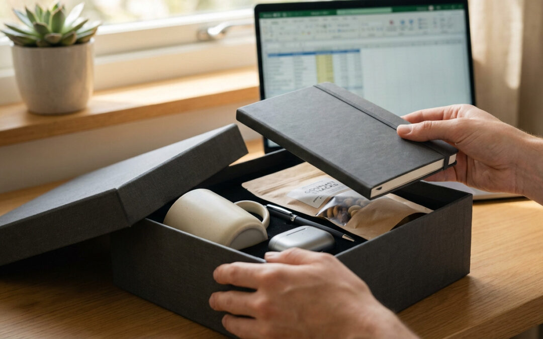 Hands open a dark grey gift box on a desk, revealing a mug, notebook, pen, tech accessory, and snacks. A laptop and plant are in the background.