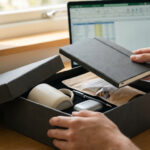 Hands open a dark grey gift box on a desk, revealing a mug, notebook, pen, tech accessory, and snacks. A laptop and plant are in the background.