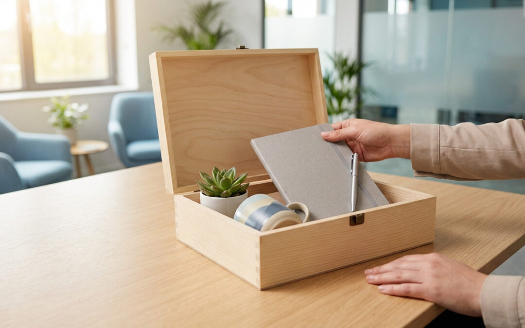 Photorealistic image of an open wooden welcome pack on a light office desk. A hand retrieves a notebook, next to a succulent and mug.