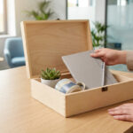 Photorealistic image of an open wooden welcome pack on a light office desk. A hand retrieves a notebook, next to a succulent and mug.