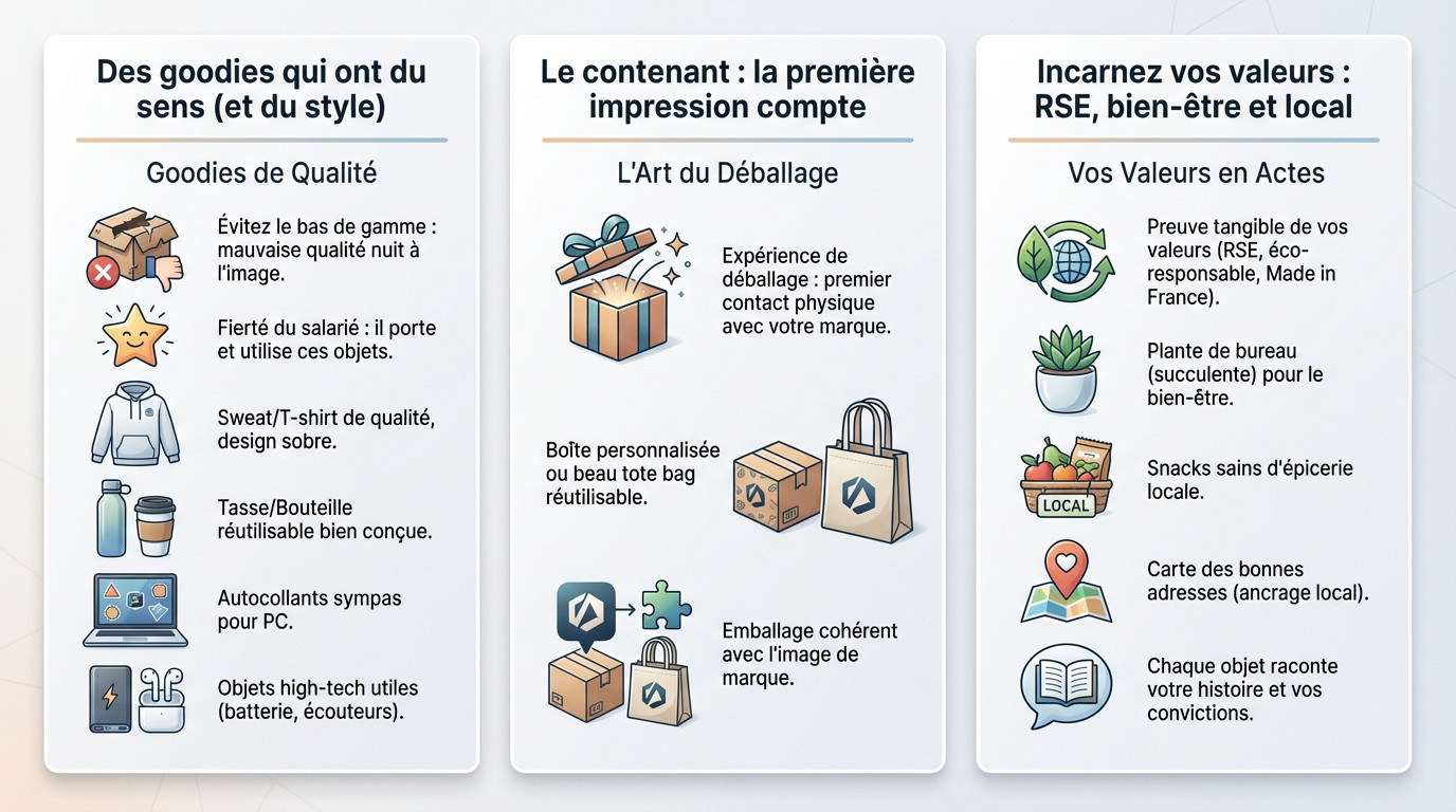 Exemple de welcome pack soigné reflétant la culture d'entreprise avec des goodies de qualité