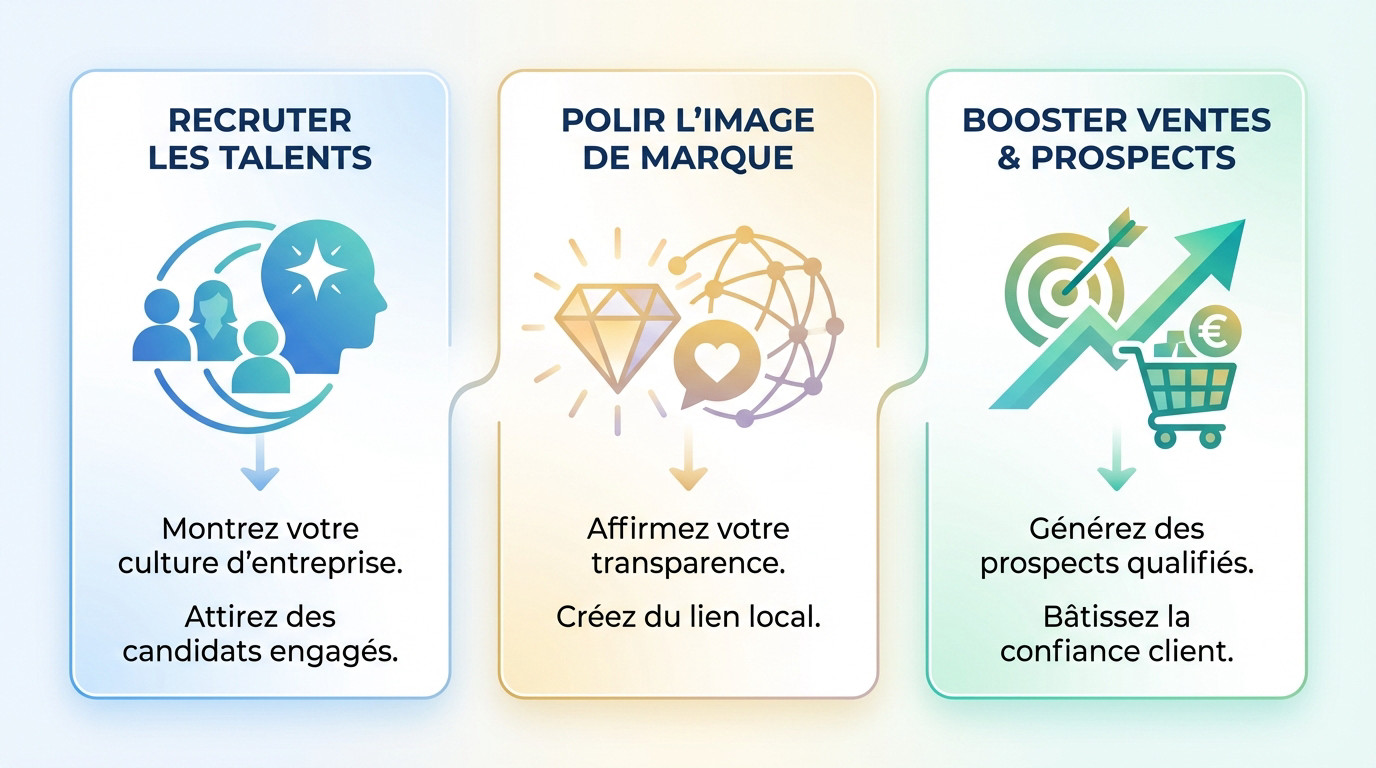 Schéma illustrant les trois objectifs d'une journée portes ouvertes : recrutement, image de marque et ventes