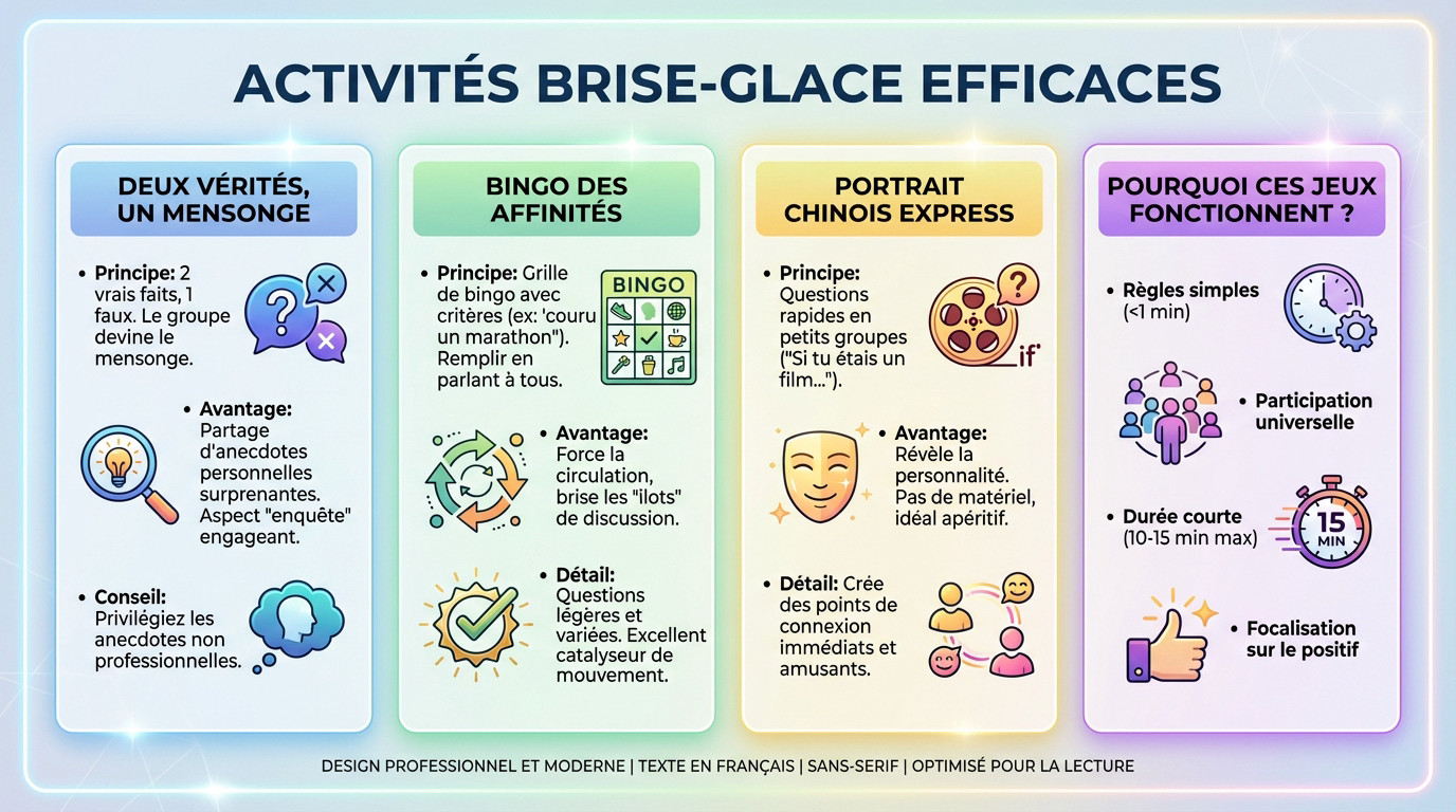 Groupe de collègues participant à des animations soirée entreprise brise glace dans la bonne humeur