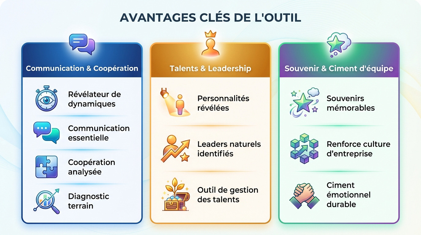 Groupe de collaborateurs analysant des indices lors d'un escape game géant pour renforcer la cohésion d'équipe
