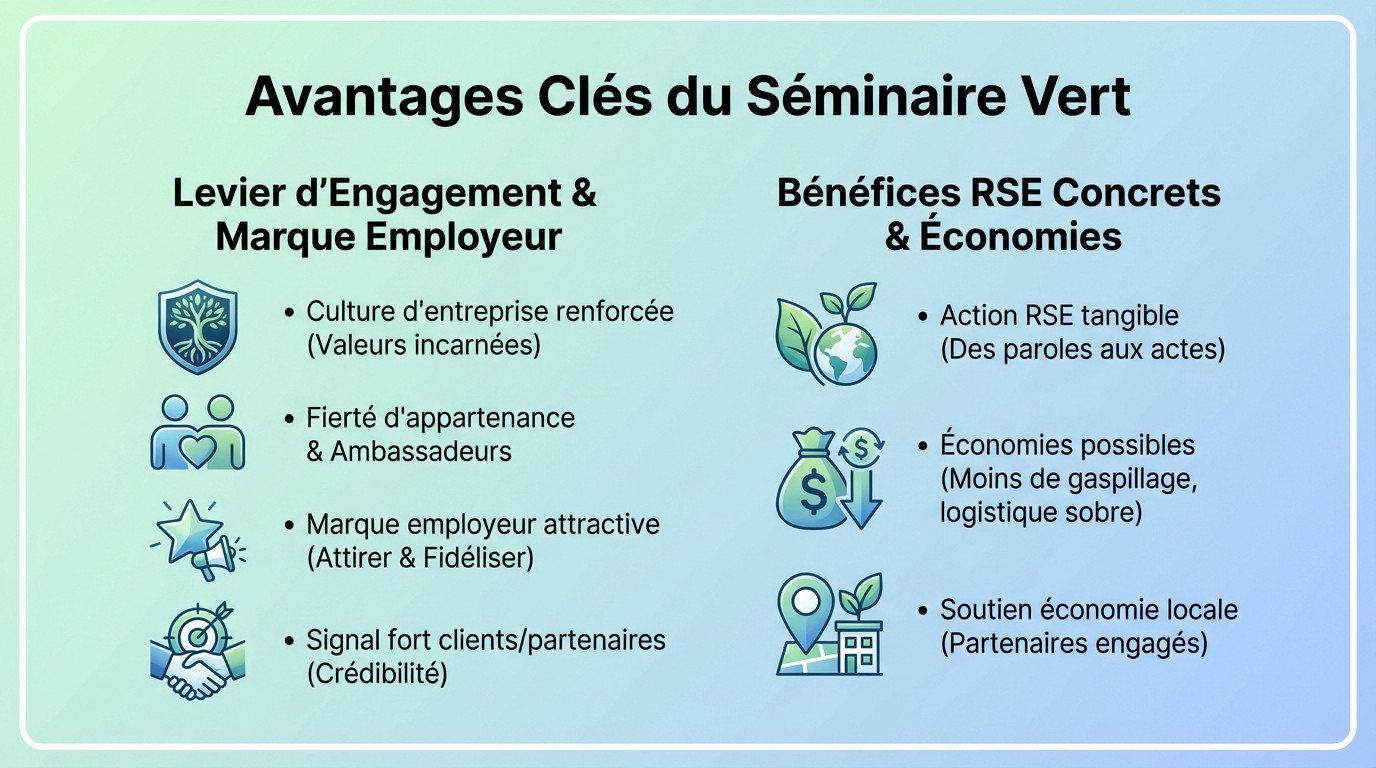 Schéma illustrant les avantages stratégiques et humains d'un séminaire éco-responsable