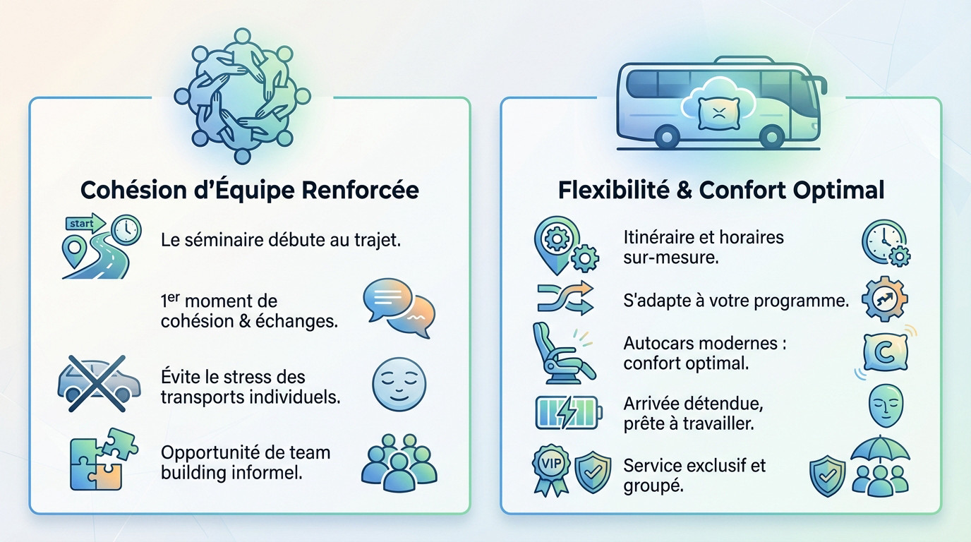 Groupe de collaborateurs profitant du confort d'un bus privé lors d'un trajet vers un séminaire d'entreprise