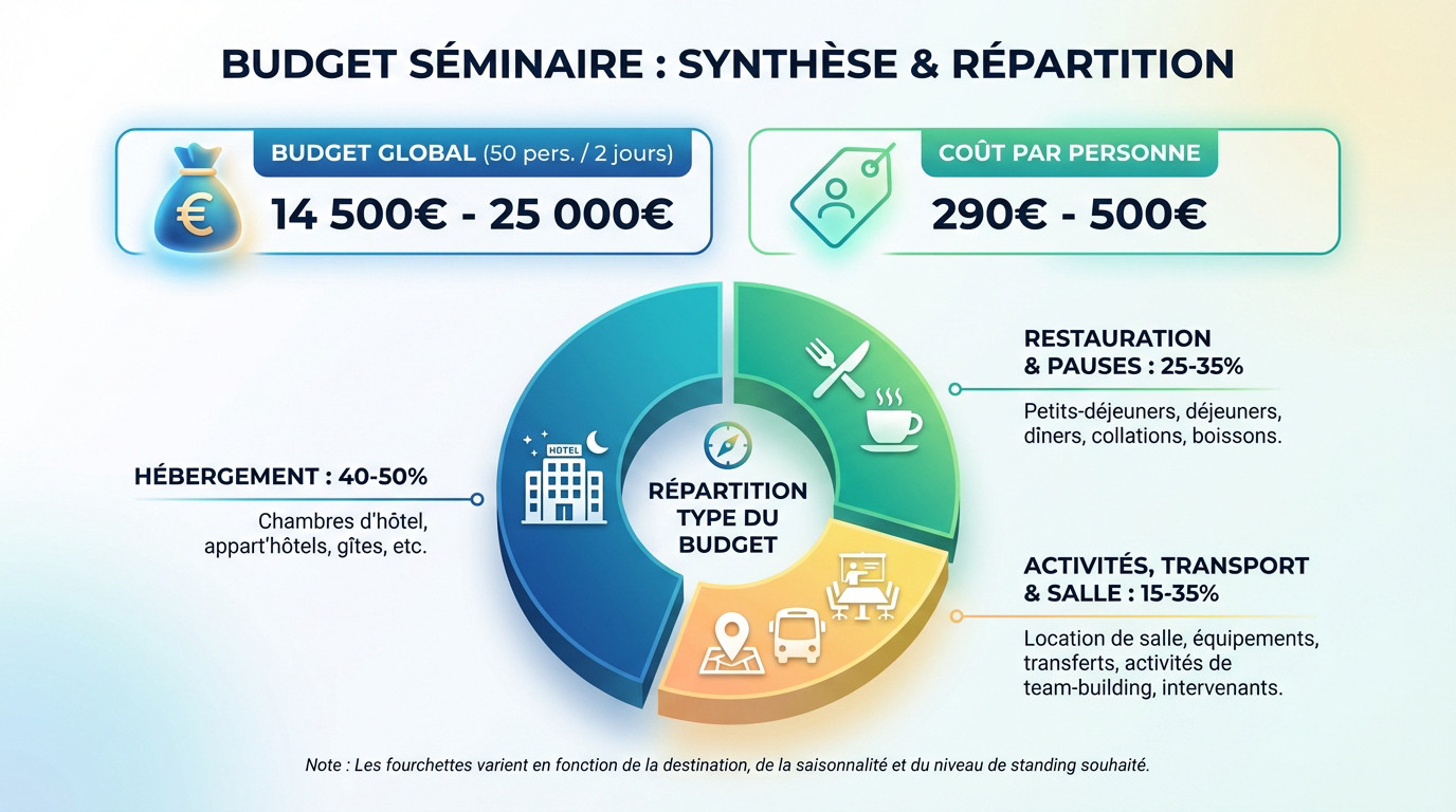 Graphique de répartition des coûts pour un séminaire de 50 personnes sur deux jours