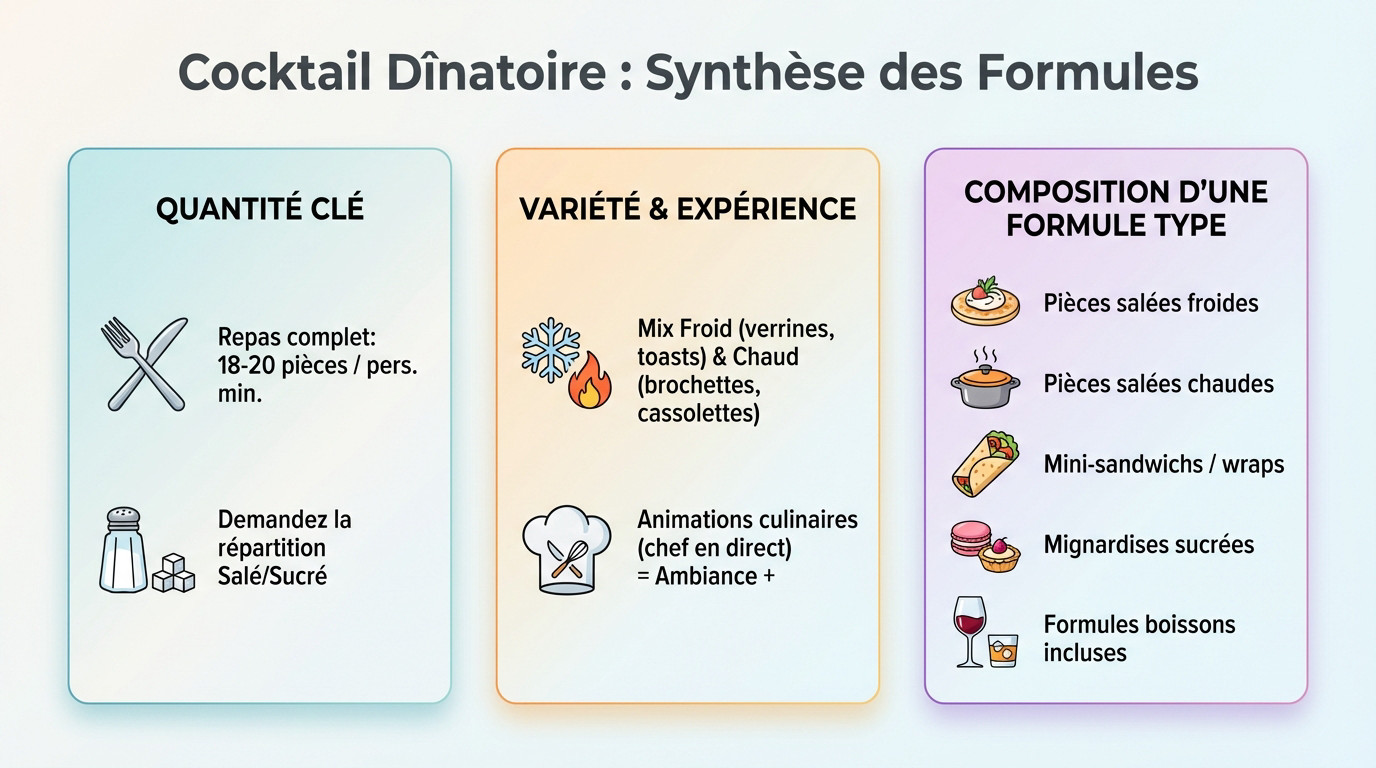 Schéma explicatif des formules de cocktail dînatoire bio avec répartition des pièces salées et sucrées