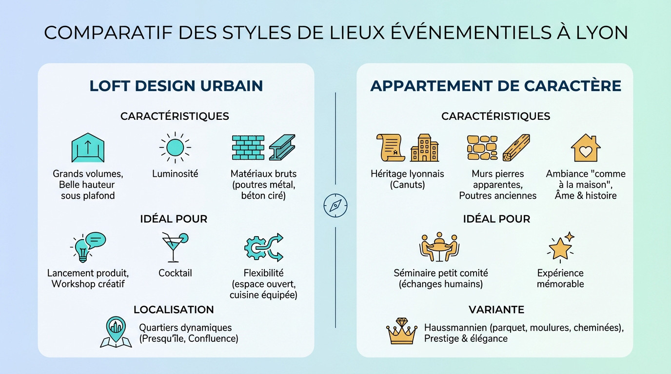 Comparatif visuel entre un loft industriel moderne et un appartement canut traditionnel à Lyon pour des événements professionnels