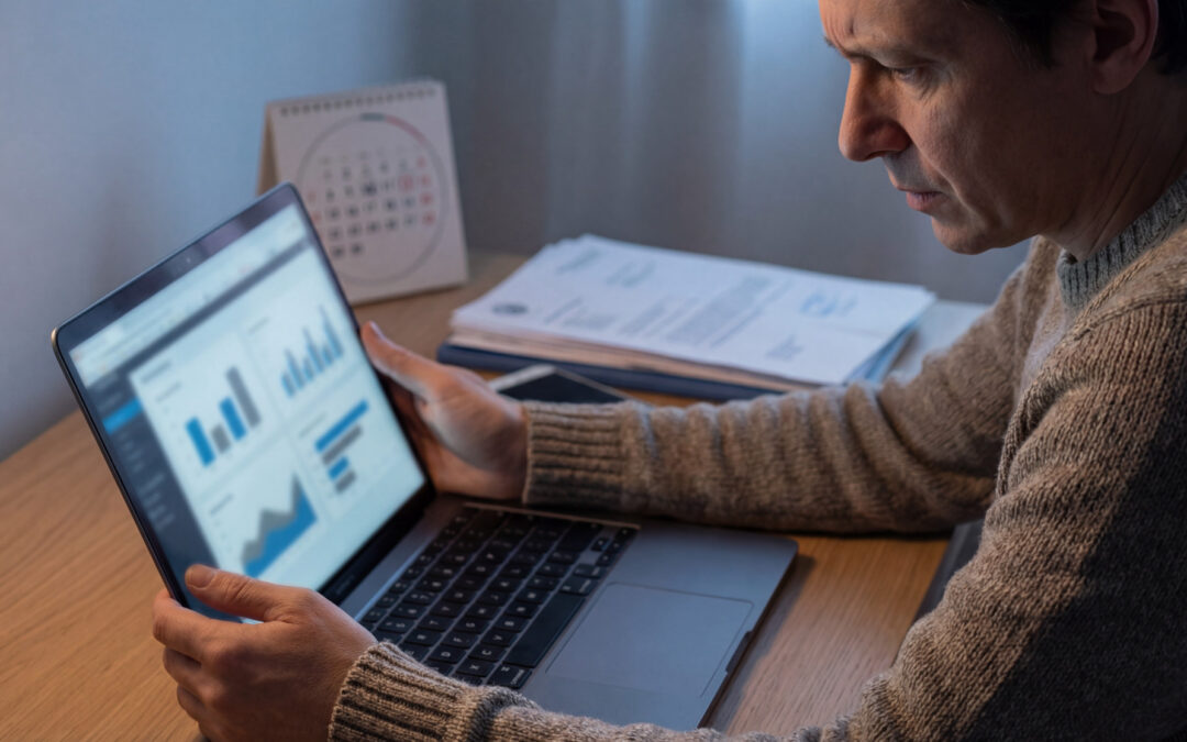 Un homme concentré examine des graphiques financiers sur son ordinateur portable, un calendrier et des documents sont sur le bureau. Il semble préoccupé par un retard de paiement.