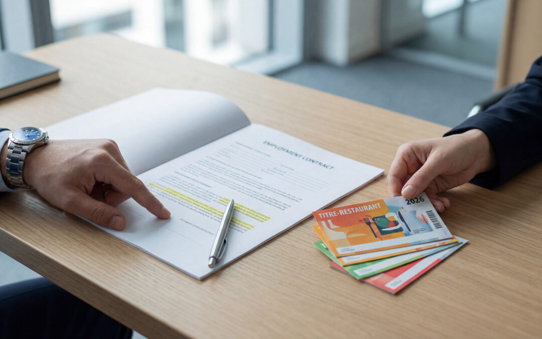 Deux personnes discutent d'un contrat de travail. L'une pointe le document, l'autre tient des titres-restaurant.