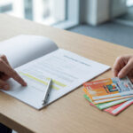 Deux personnes discutent d'un contrat de travail. L'une pointe le document, l'autre tient des titres-restaurant.