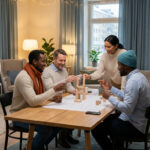 Four diverse individuals in smart casual winter attire collaborate joyfully on a block-building task around a table in a warm, well-lit lounge.