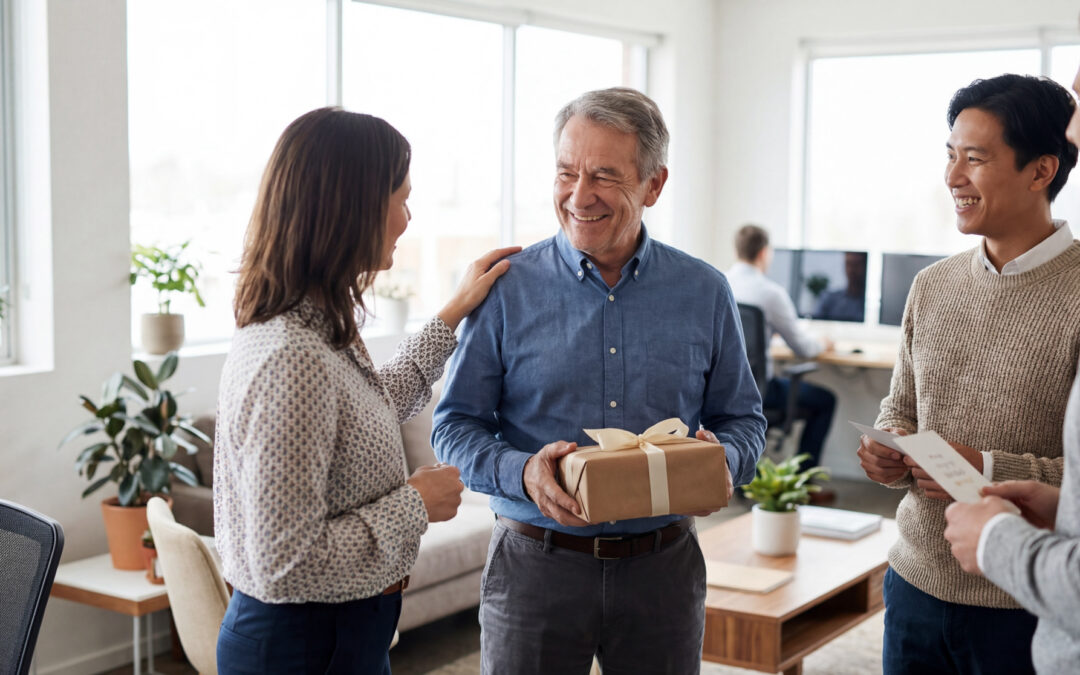 Un homme âgé souriant reçoit un cadeau et les félicitations de ses collègues lors de son départ à la retraite au bureau.