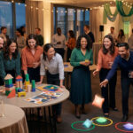 Diverse professionals smiling, playing interactive games with colorful blocks and glowing beanbags at a modern corporate event.