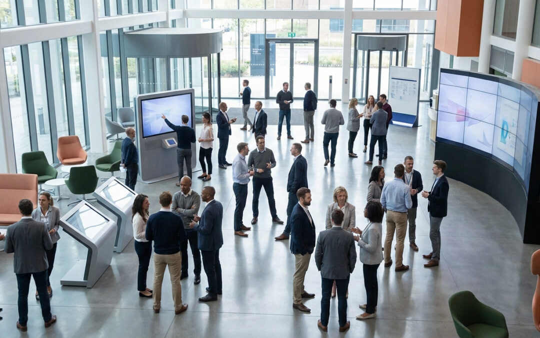Wide-angle view of a bustling modern corporate open day. Diverse professionals engage with digital displays and each other in a bright, sleek interior.