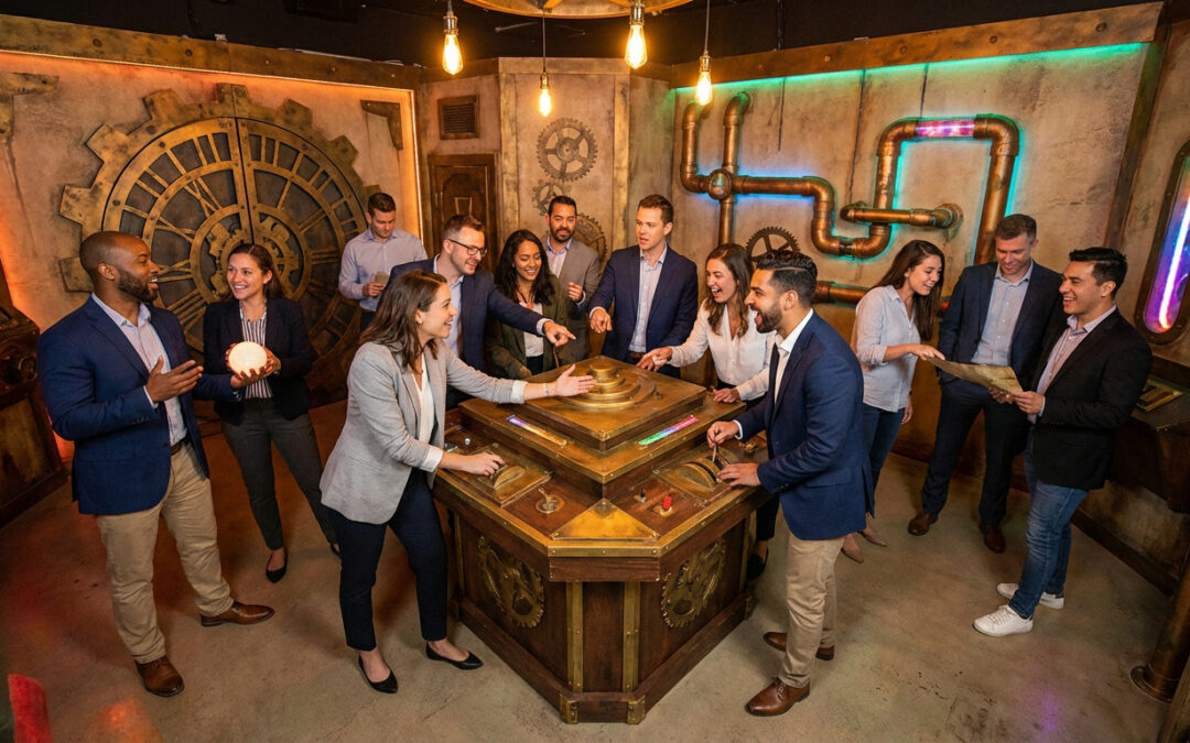 Diverse corporate team in smart casual attire actively solving a complex, steampunk-themed escape room puzzle with focus and excitement.
