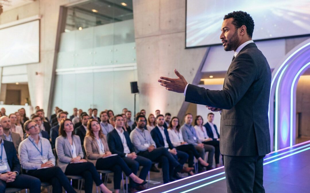 A charismatic speaker in a dark suit gestures on a futuristic, blue-lit stage to an engaged, diverse audience in a modern hall.