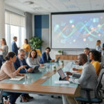 Diverse professionals collaborate in a bright, modern seminar room with large windows and abstract data visualization on a projection screen.