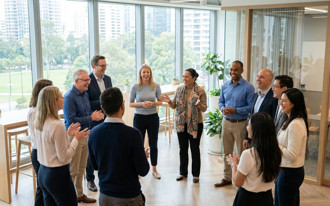 Diverse team of professionals smiling, laughing, and gesturing during a lively interaction in a bright, modern office with city views.