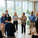 Diverse team of professionals smiling, laughing, and gesturing during a lively interaction in a bright, modern office with city views.
