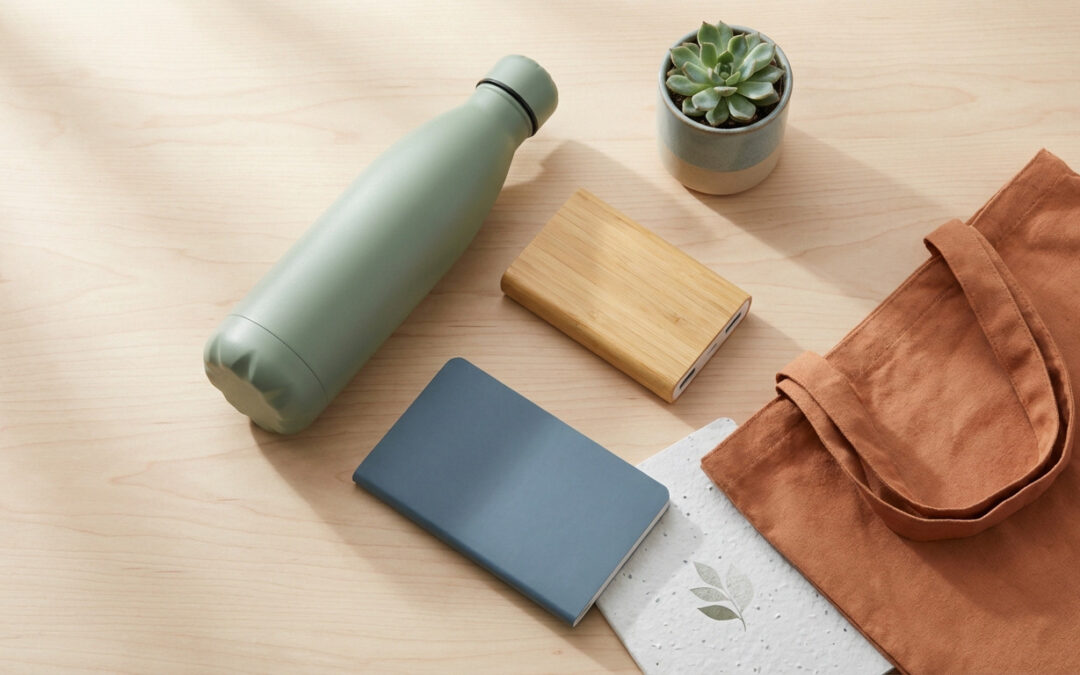 Flat lay of modern sustainable items: green water bottle, bamboo power bank, blue & seed paper notebooks, succulent, and brown tote bag on wood.