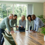 Five diverse professionals discuss ideas around a sustainable wood table in a bright, green-themed conference room with outdoor views.