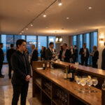 A modern corporate reception with a well-stocked bar and guests networking. A supervisor stands by, ensuring responsible service.