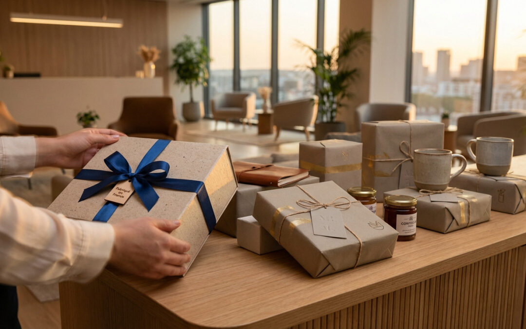 Hands arrange elegant, eco-friendly corporate gifts, some 'Fabriqué en France,' on a desk in a warm, modern office at golden hour.