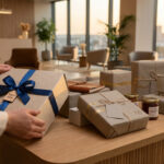 Hands arrange elegant, eco-friendly corporate gifts, some 'Fabriqué en France,' on a desk in a warm, modern office at golden hour.