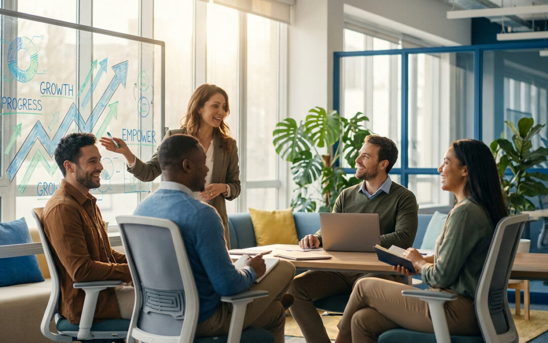 Diverse team meeting with a leader explaining growth concepts on a whiteboard. Bright, modern office, engaged and smiling professionals.