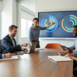 Five diverse professionals in a modern office meeting, actively collaborating around a table. A woman gestures at an interactive screen displaying colorful abstract project graphics. Others take notes or use laptops.
