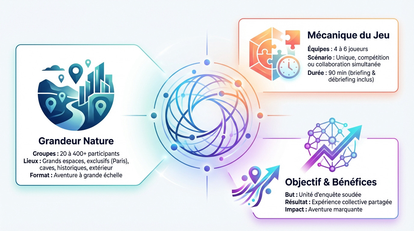 Participants collaborant lors d'un escape game géant pour entreprise dans un espace privatisé