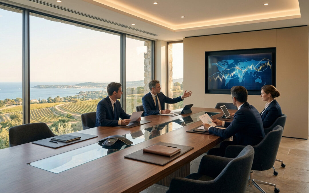 Four professionals meet in a modern conference room overlooking the French Riviera coastline and vineyards, with a global data screen.