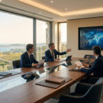 Four professionals meet in a modern conference room overlooking the French Riviera coastline and vineyards, with a global data screen.