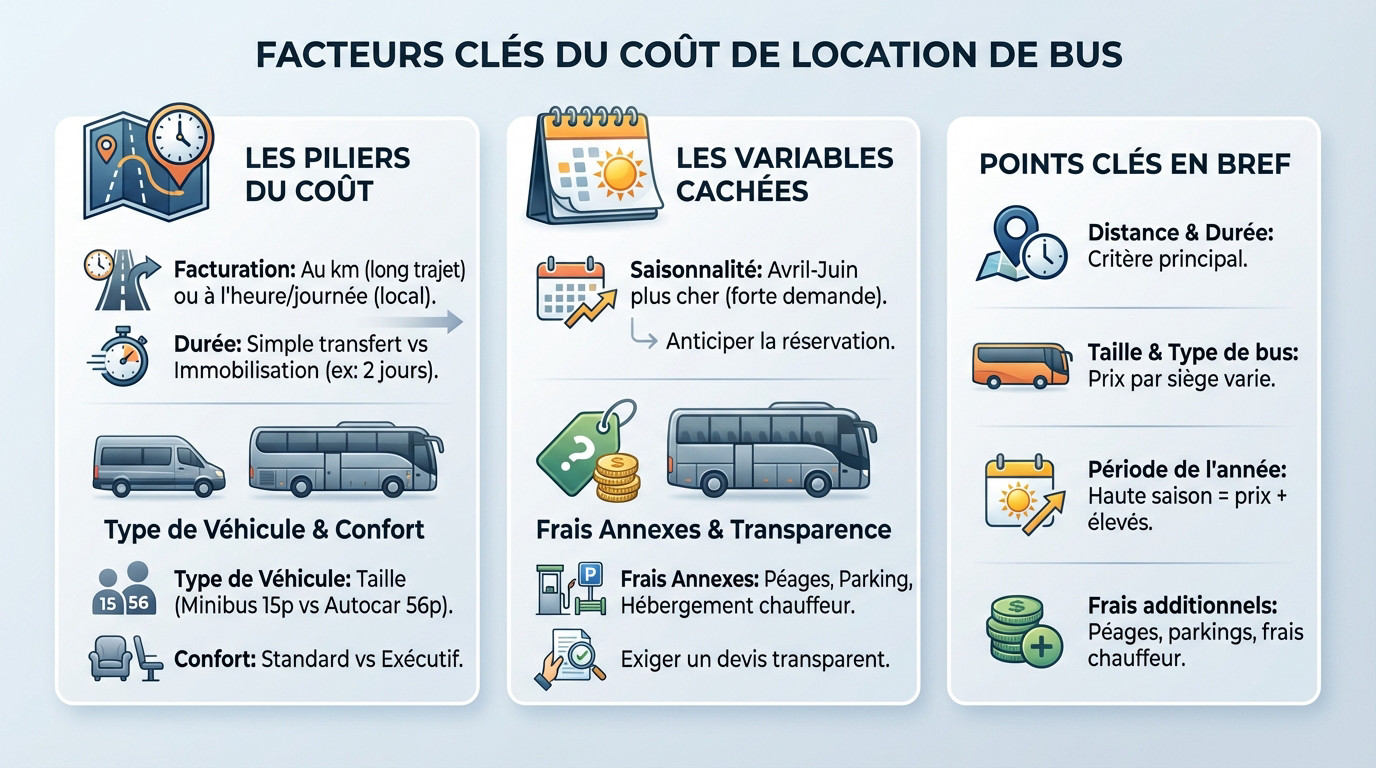 Graphique illustrant les facteurs clés influençant le coût de location d'un bus pour séminaire