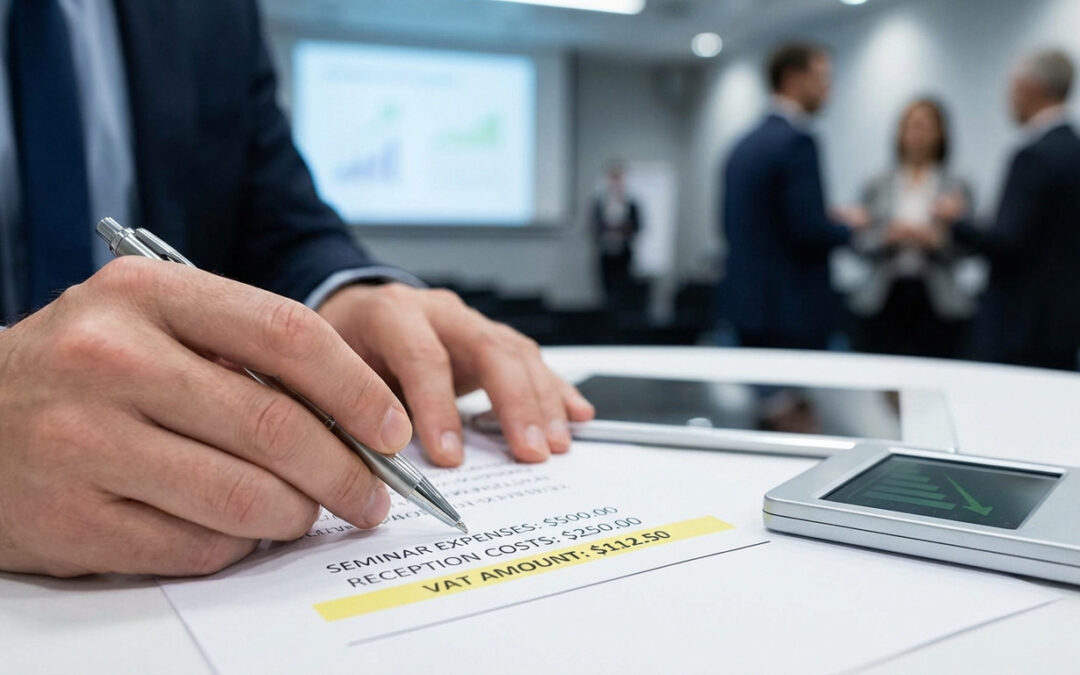 Hands reviewing a financial statement with seminar, reception, and VAT expenses highlighted. A calculator and tablet are nearby, with a blurred business event background.