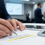 Hands reviewing a financial statement with seminar, reception, and VAT expenses highlighted. A calculator and tablet are nearby, with a blurred business event background.