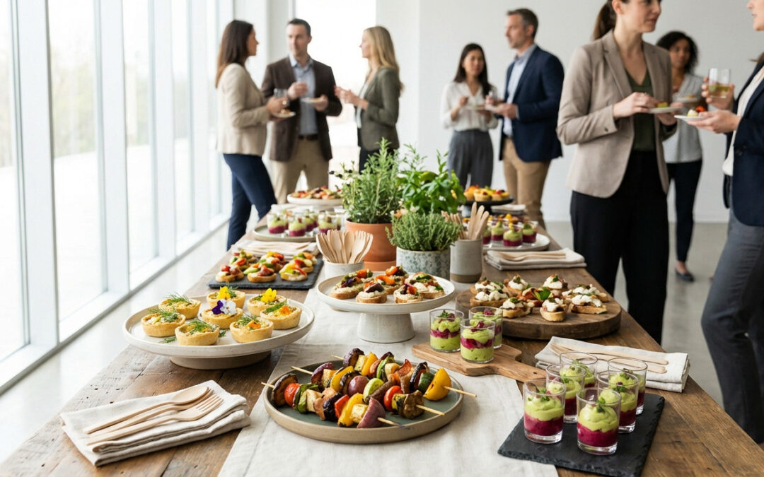 Elegant organic cocktail dînatoire spread with mini quiches, vegetable skewers, and verrines on a wooden table. Professionals mingle in background.