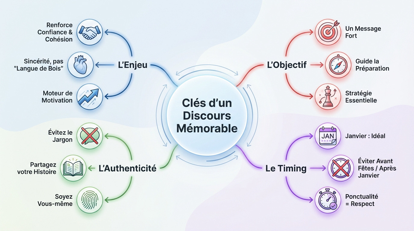 Infographie résumant les clés d'un discours de vœux mémorable pour directeur