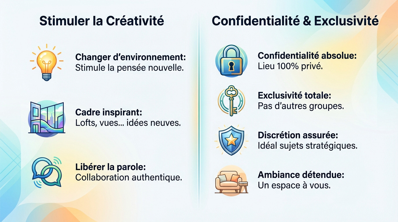 Infographie illustrant les avantages créatifs et la confidentialité d'un appartement privé pour réunions