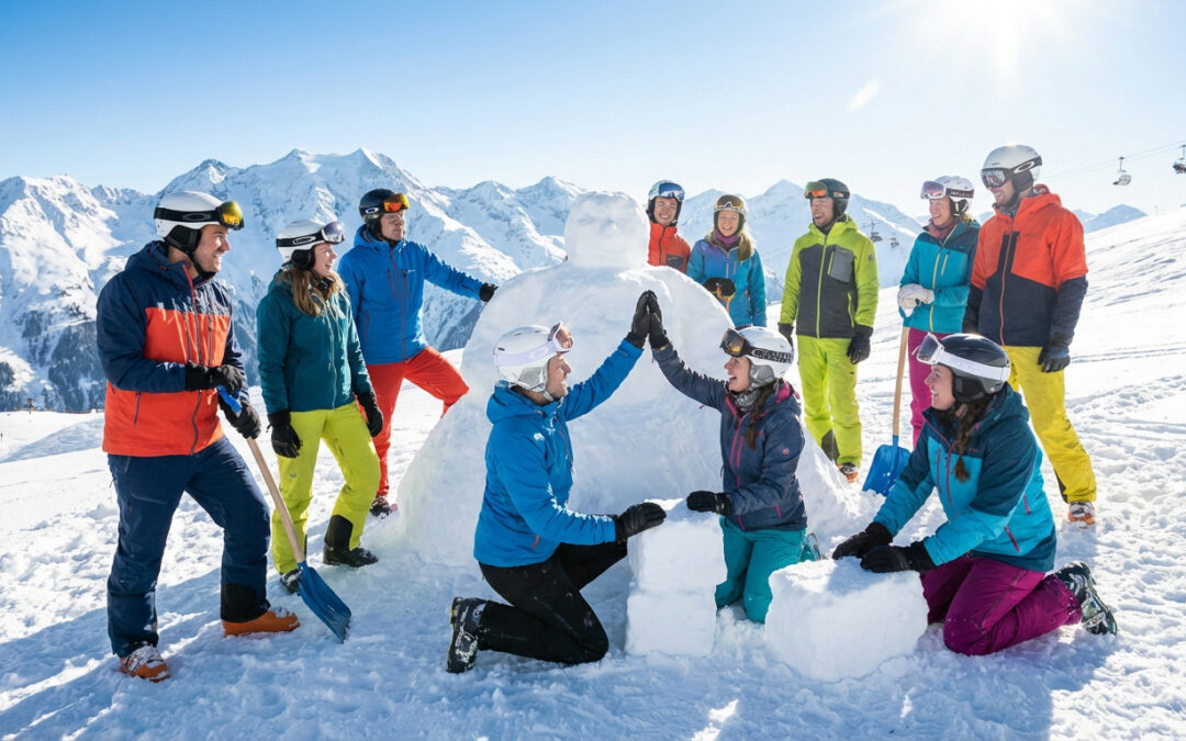 A diverse group in colorful ski gear builds snow sculptures on a sunny mountain slope, high-fiving and smiling.