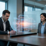 Deux professionnels analysent un document holographique complexe lors d'un entretien de bureau, l'un est concentré, l'autre inquiet.