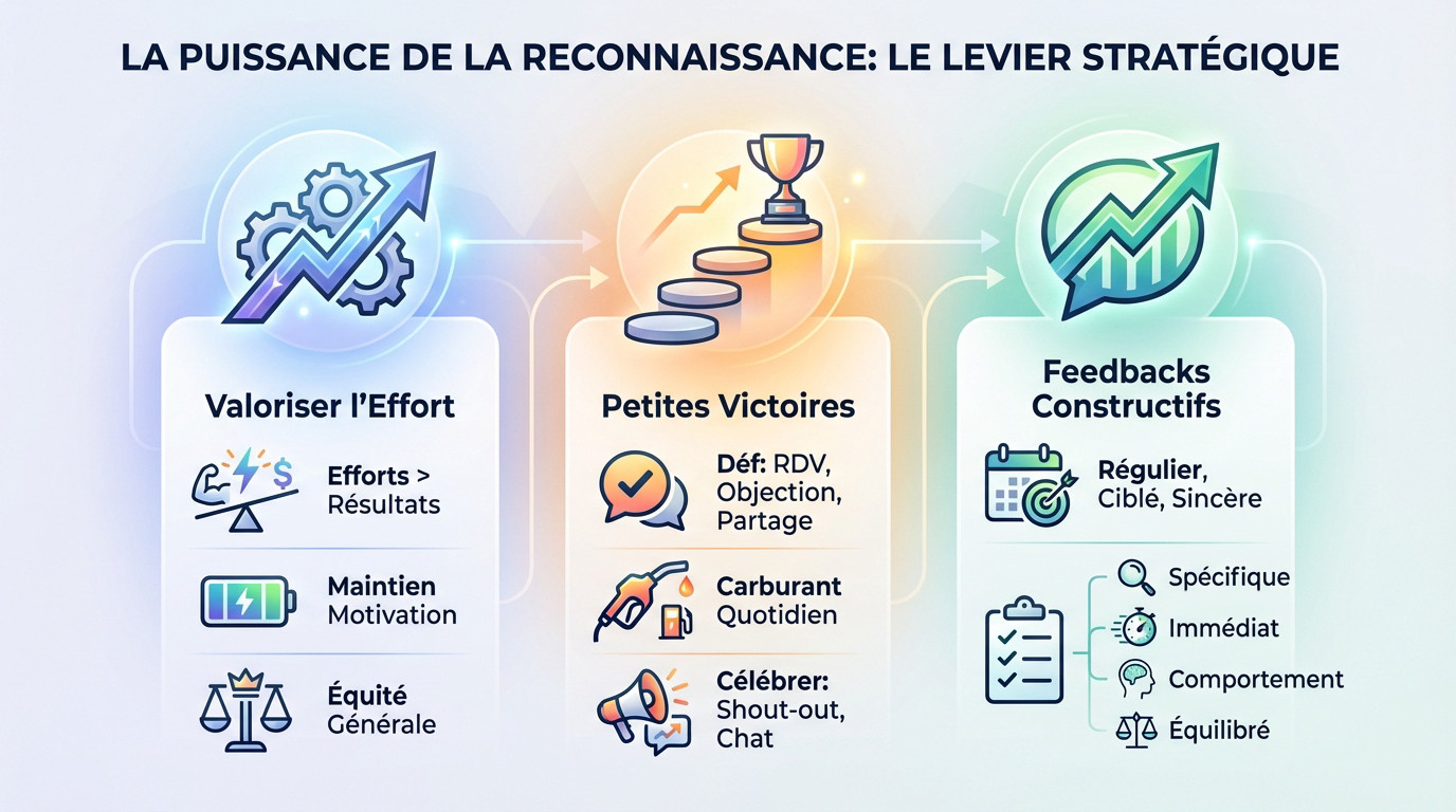 Manager félicitant son équipe commerciale pour valoriser les efforts et la motivation sans augmentation