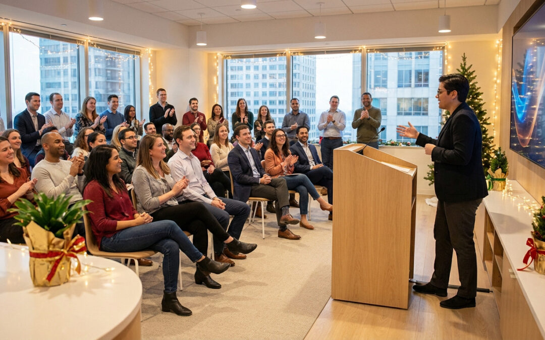 A director delivers an inspiring year-end speech to a diverse, applauding team in a festive, modern conference room.